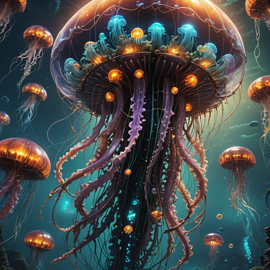 Mechanical Jellyfish in Bioluminescent Ocean, Detailed Matte...