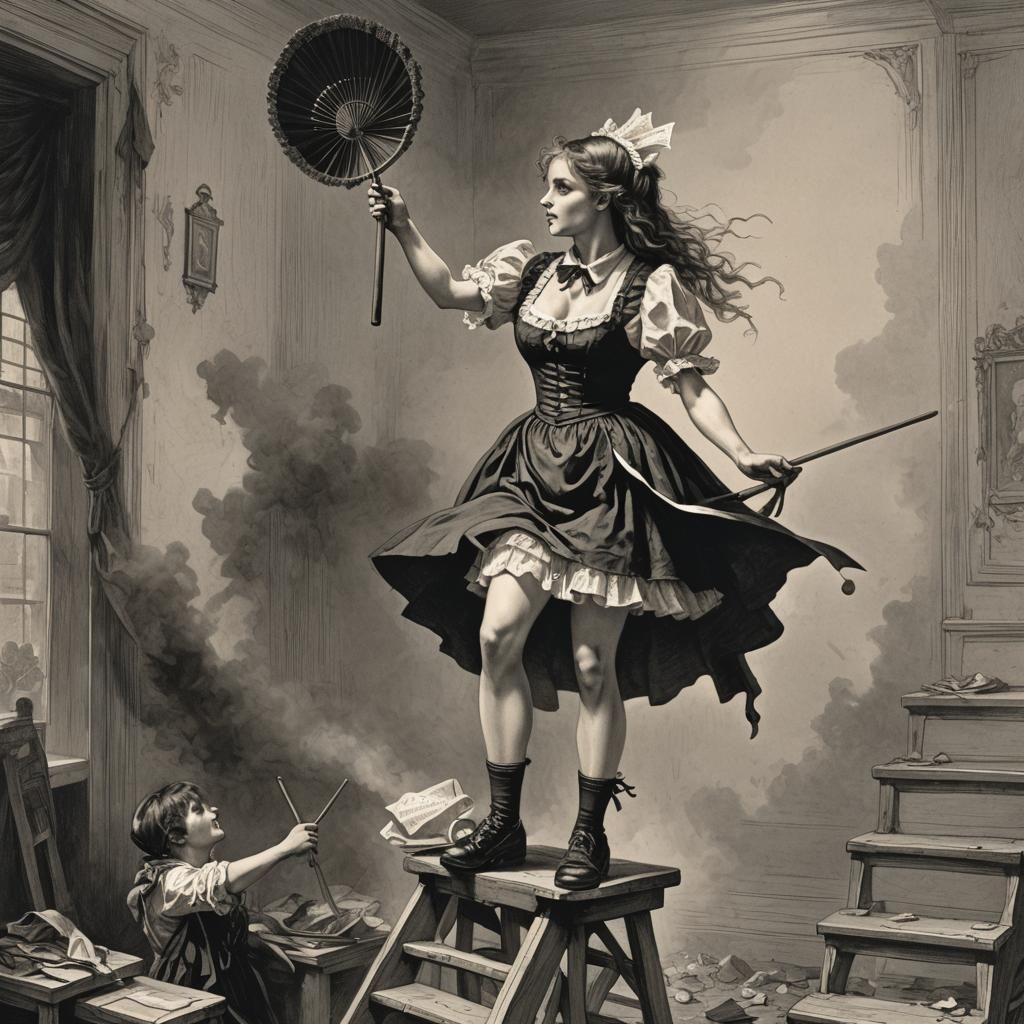 French Maid Dusting: Horror Art Style