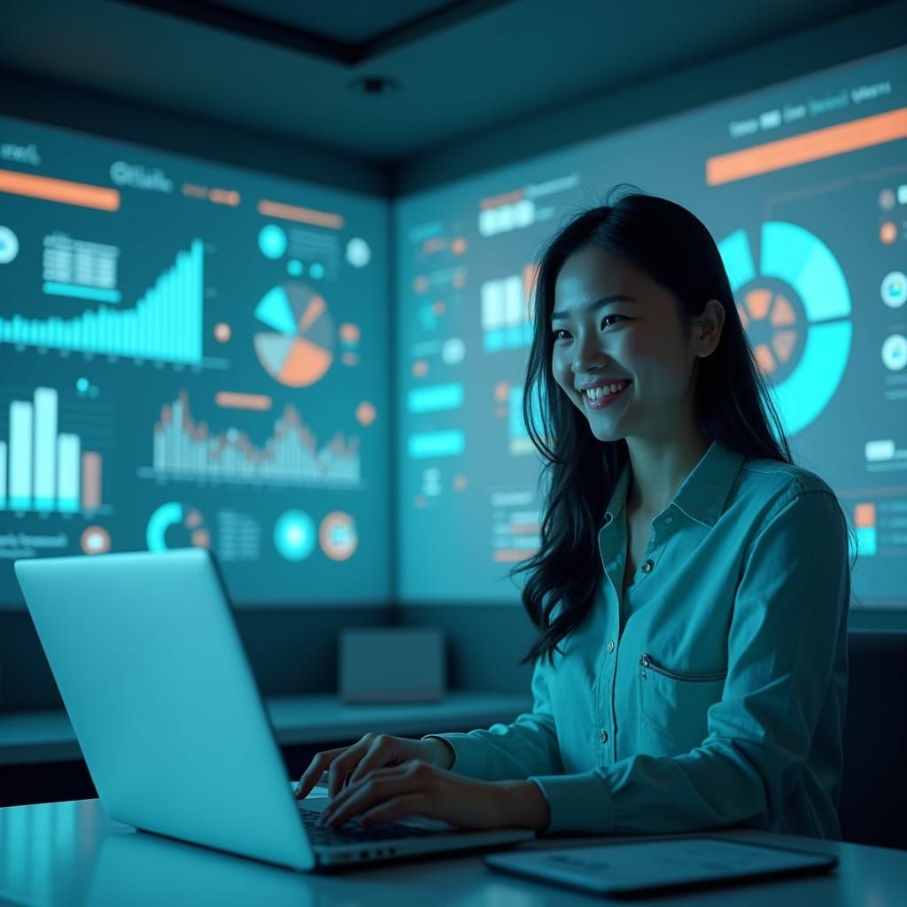 Tech-Inspired Training Room Scene with Young Asian Woman