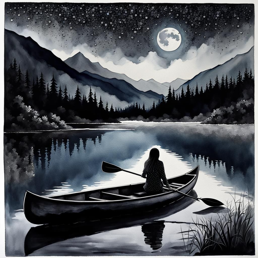 Sad Girl in Canoe on Still Lake Painting