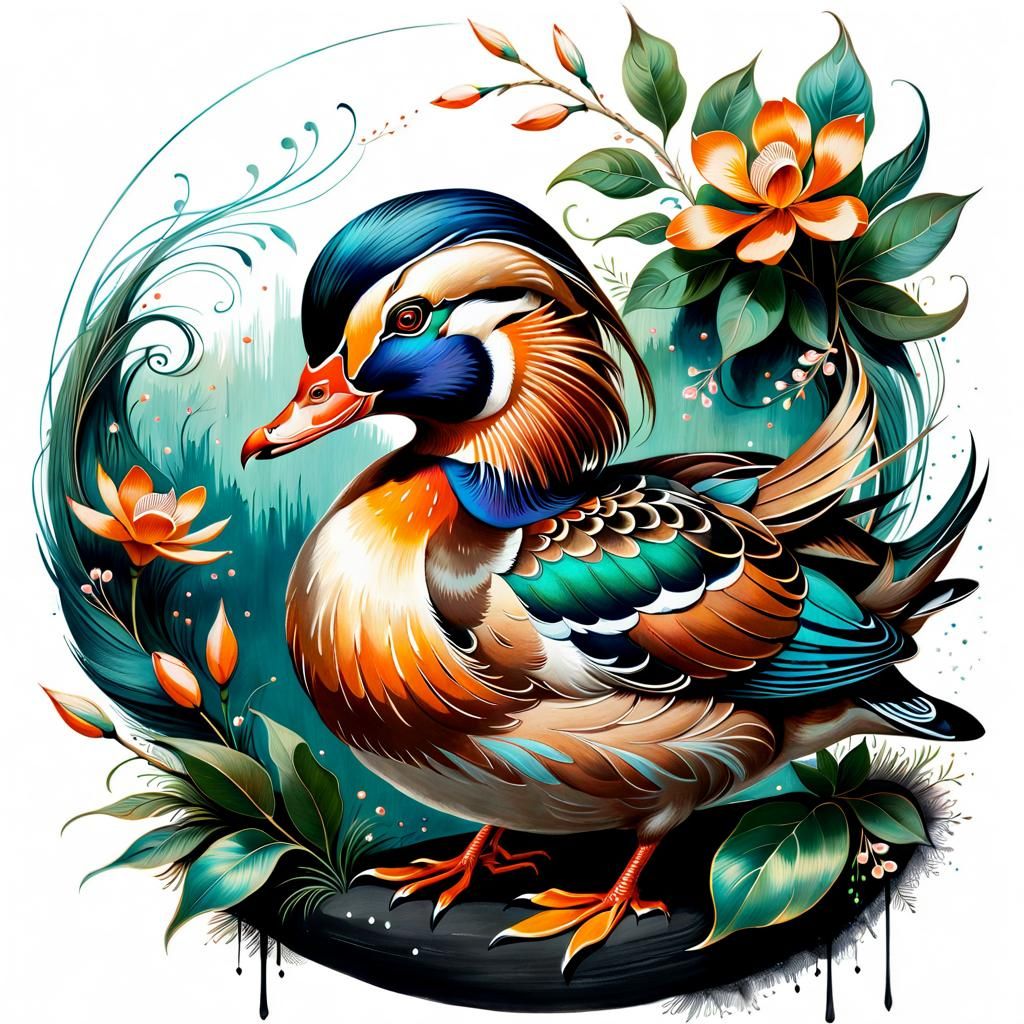 Mandarin Duck in Chalk Style Illustration