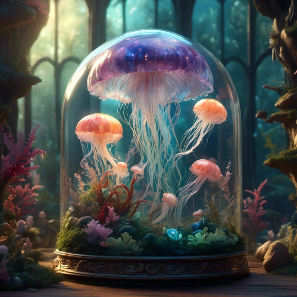 Chibi Jellyfish in Terrarium: 3D Digital Art