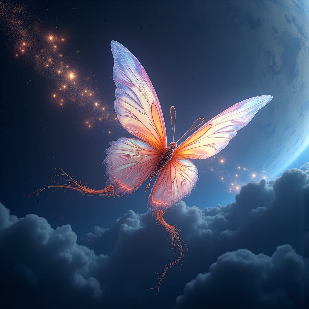 Iridescent Space Butterfly Soaring Through Galaxies