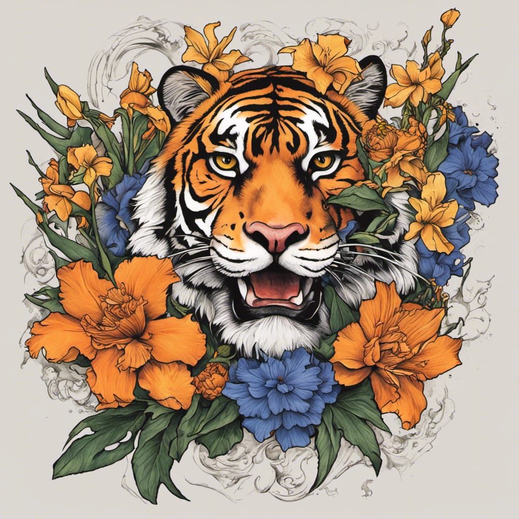 Tiger Tattoo with Floral Elements in Graffiti Style