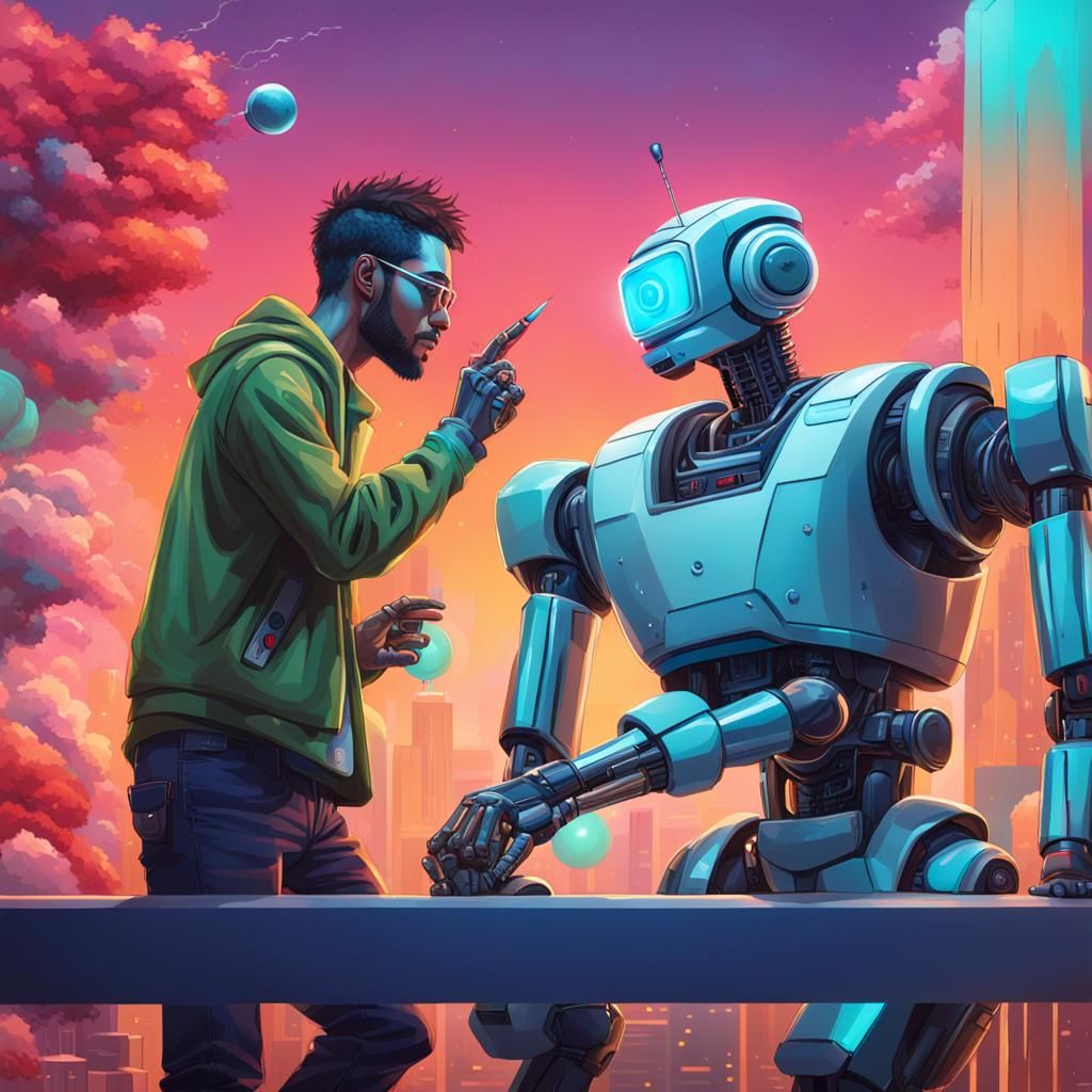A human and robot bonding over a joint at a "Puff and Pose" photoshoot, striking a pose in a stylish and modern setting ...