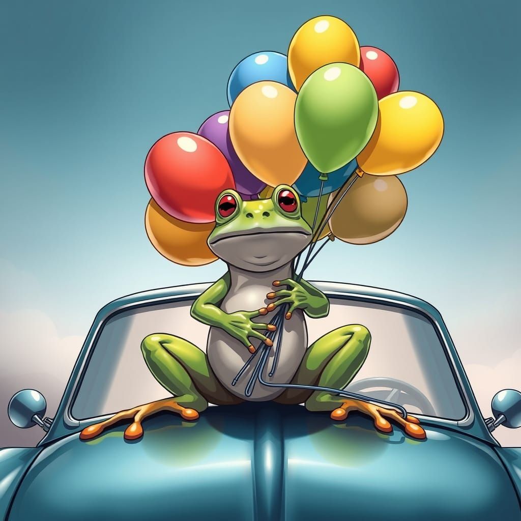 Frog with Balloons: Comic Book Art