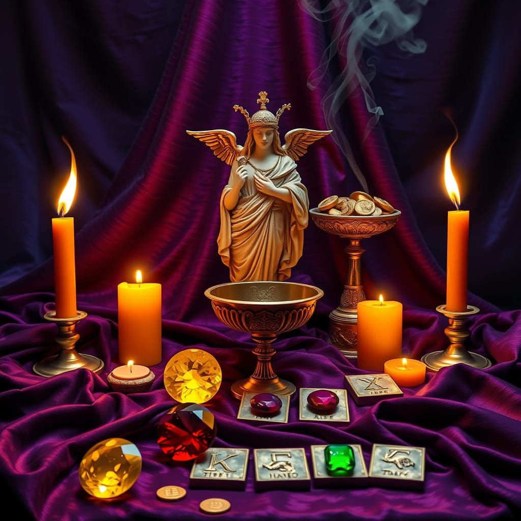 Mystical Altar in Velvet Violet, Adorned with Hermes Statue