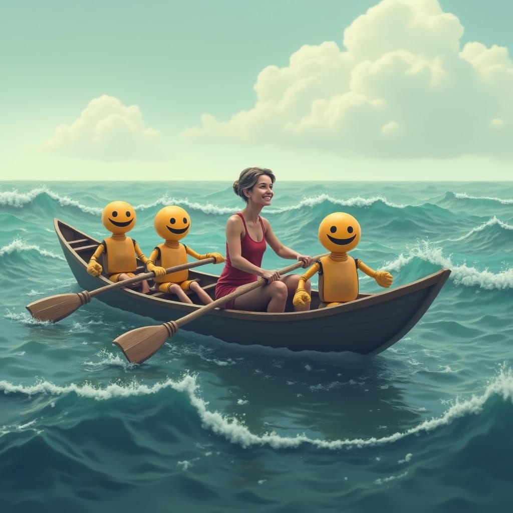 Stoic Woman Navigates Turbulent Seas with Joyful Companions