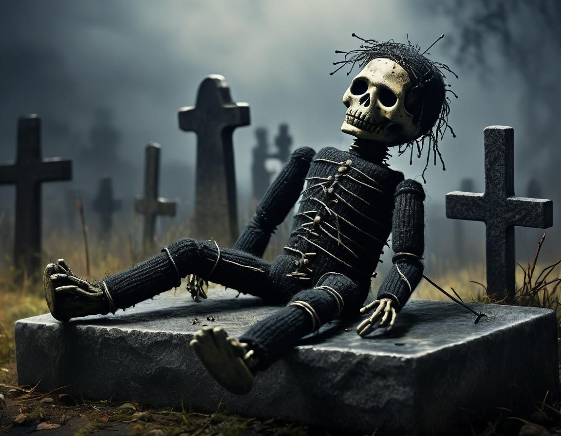 Sinister Voodoo Doll Leaning on Gravestone