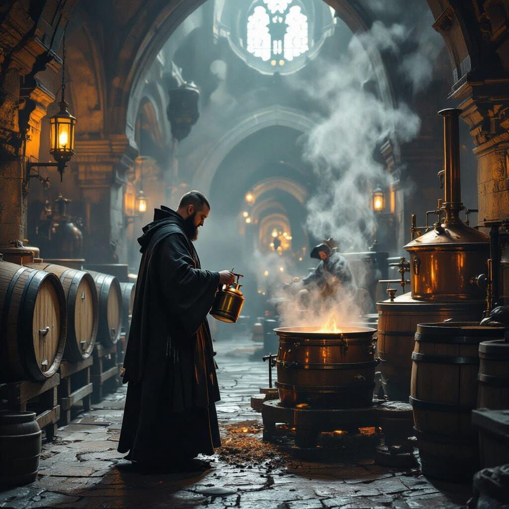 Monk Brewing Beer in Ornate Abbey: Digital Matte Painting