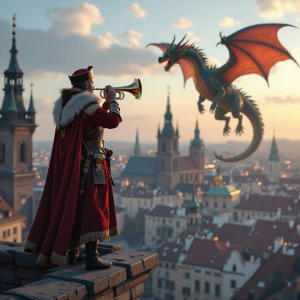 Bugler Announces Dragon's Arrival in Krakow, 3D Rendered