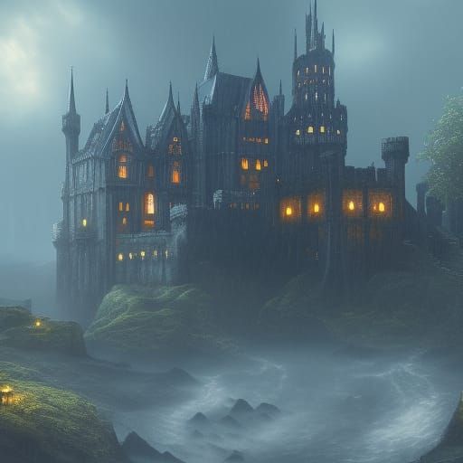 Rainy Gothic Castle in Detailed Matte Painting Style
