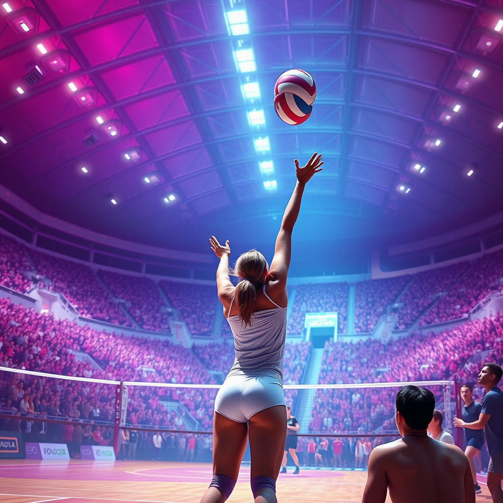Volleyball Player Serves in Futuristic Stadium, Digital Art