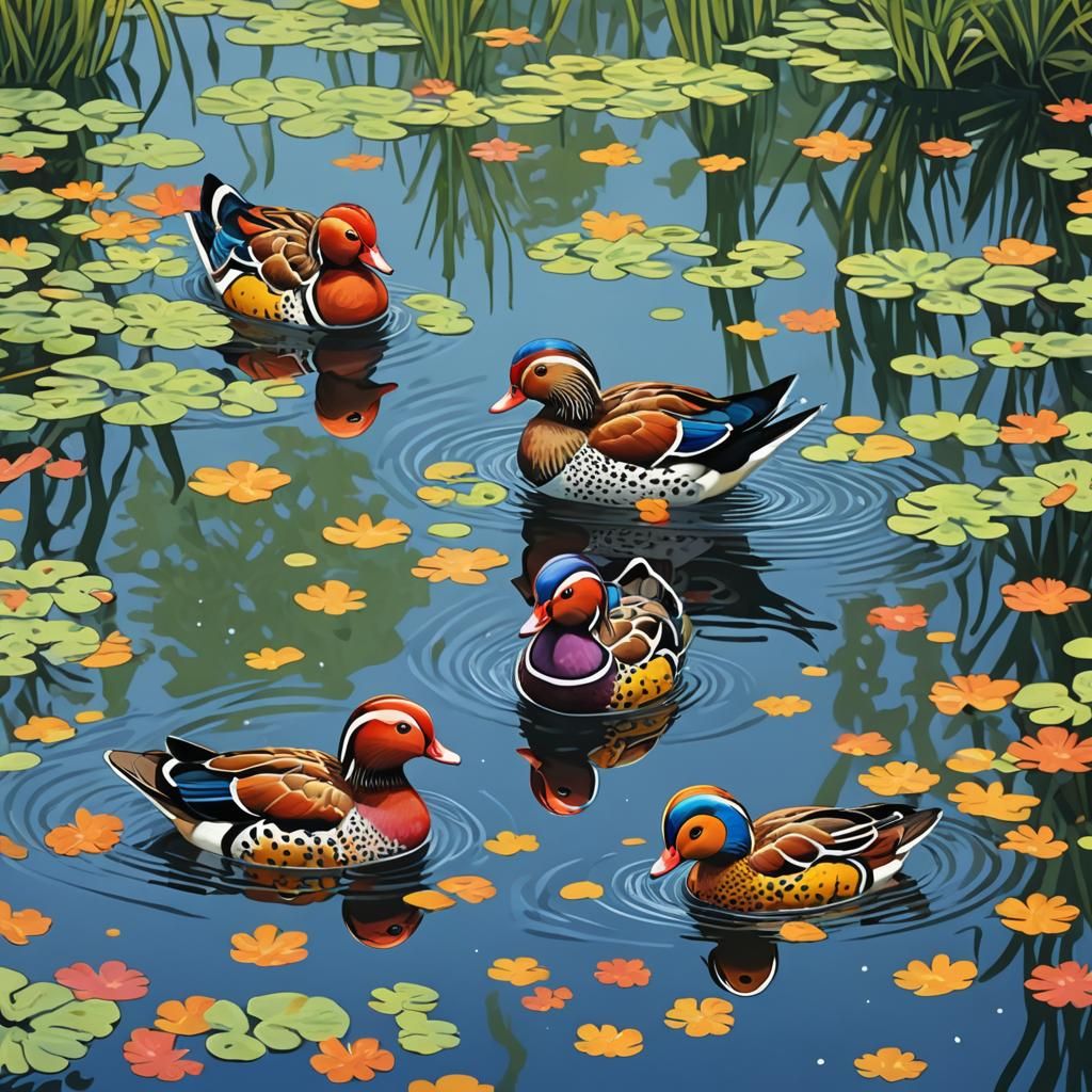 Mandarin Ducks in Fauvist Polka Dot Style