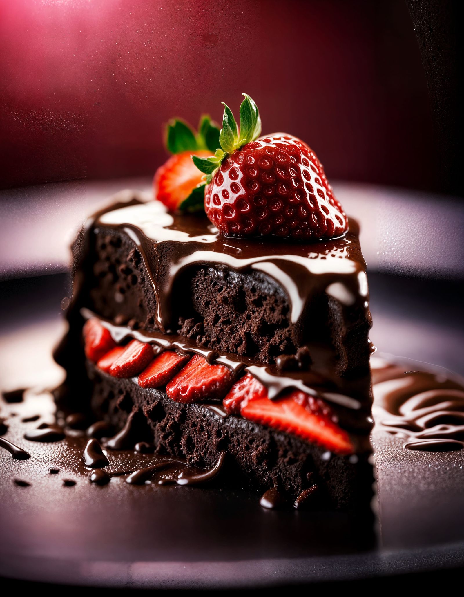 Strawberry on Chocolate Cake in Macro Photography