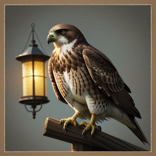 A somewhat large drawing of a falcon and a lantern. It is in...