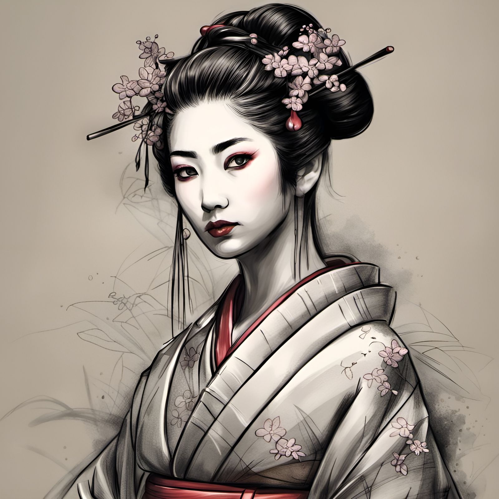 Detailed 8k Sketch of a Geisha Woman