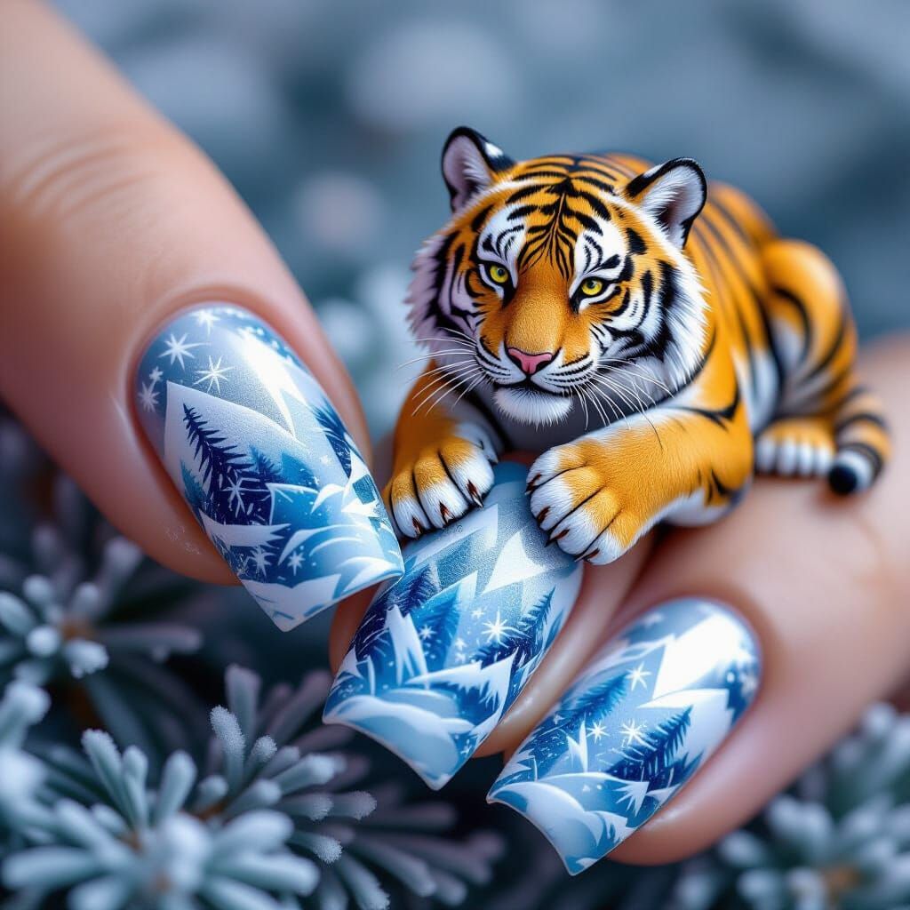 Miniature Tiger on Macro Nail Landscape in Winter Palette
