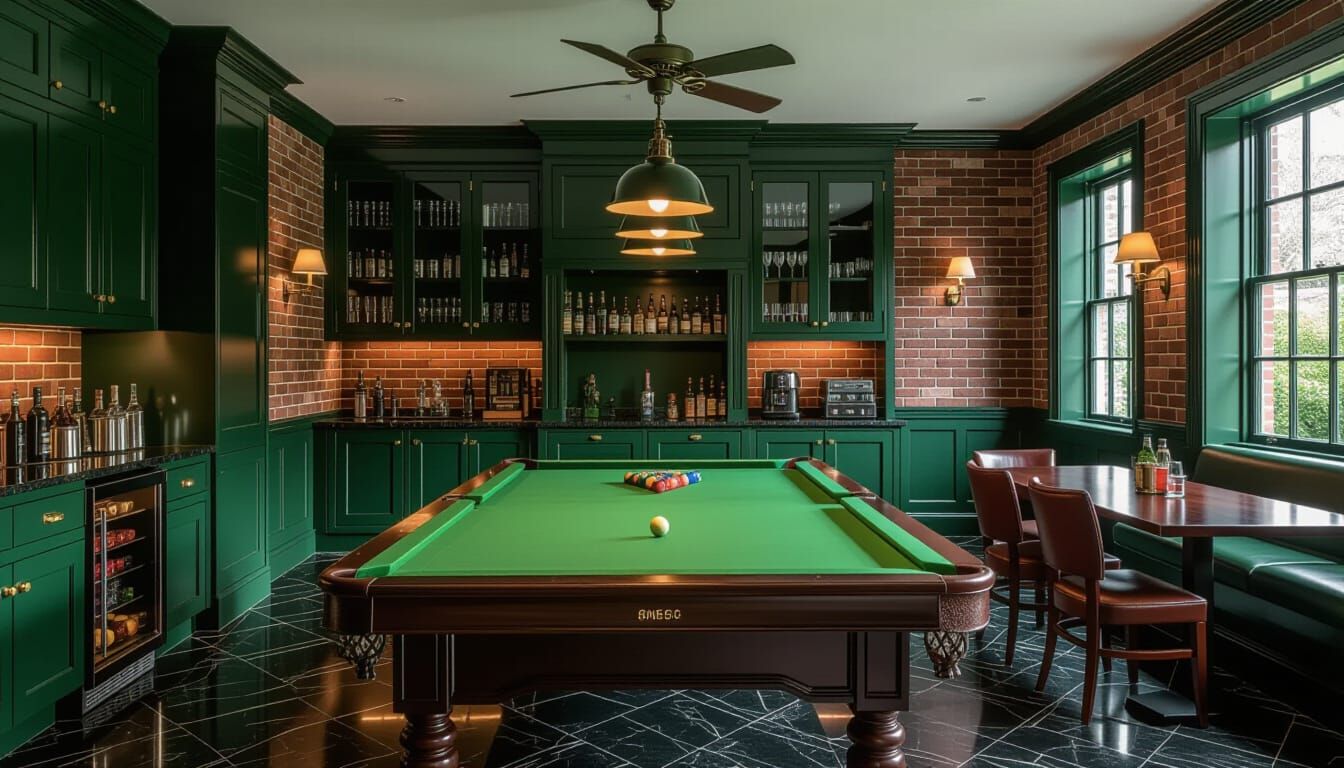 Victorian Billiards Room with Dark Green and Brick Accents