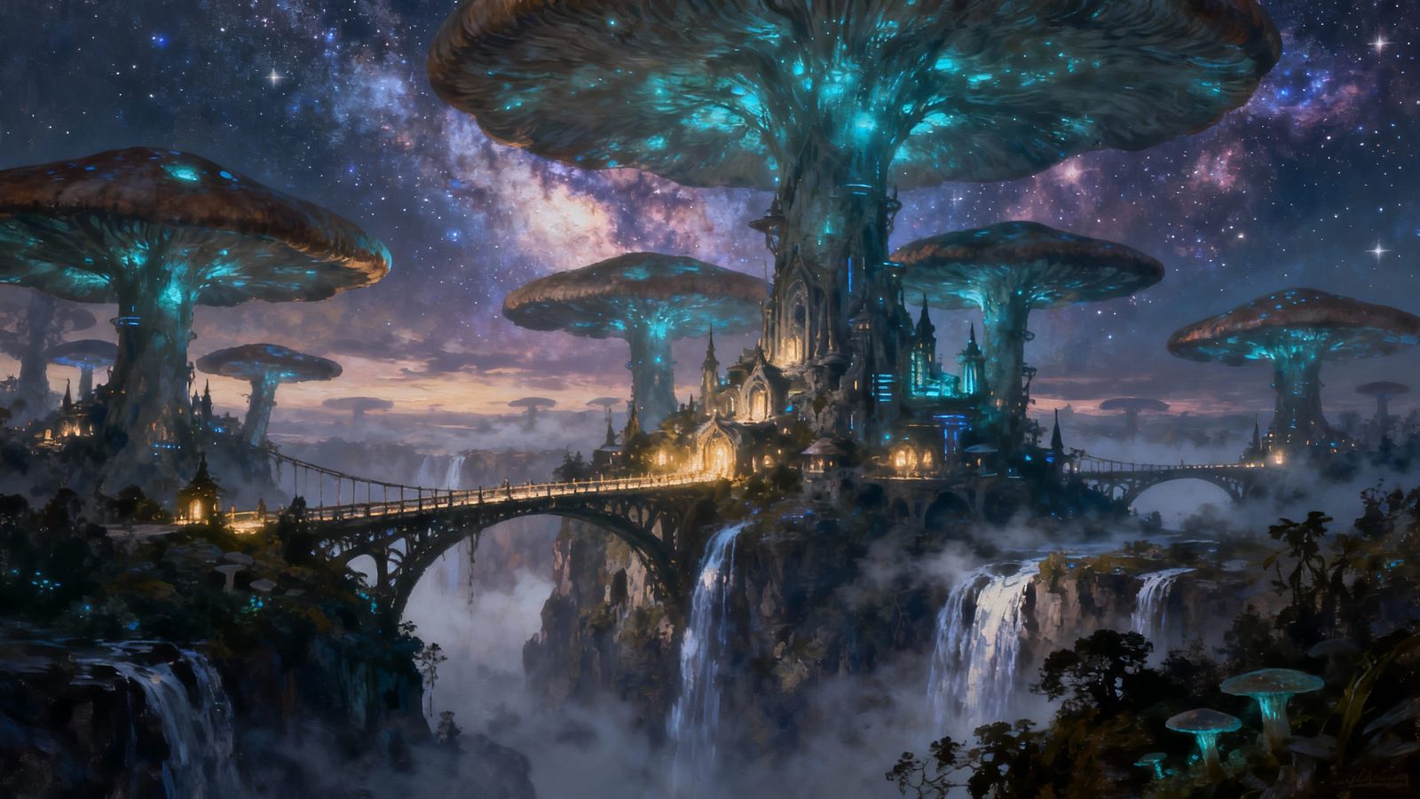 Ancient Elven City in Bioluminescent Mushroom Forest