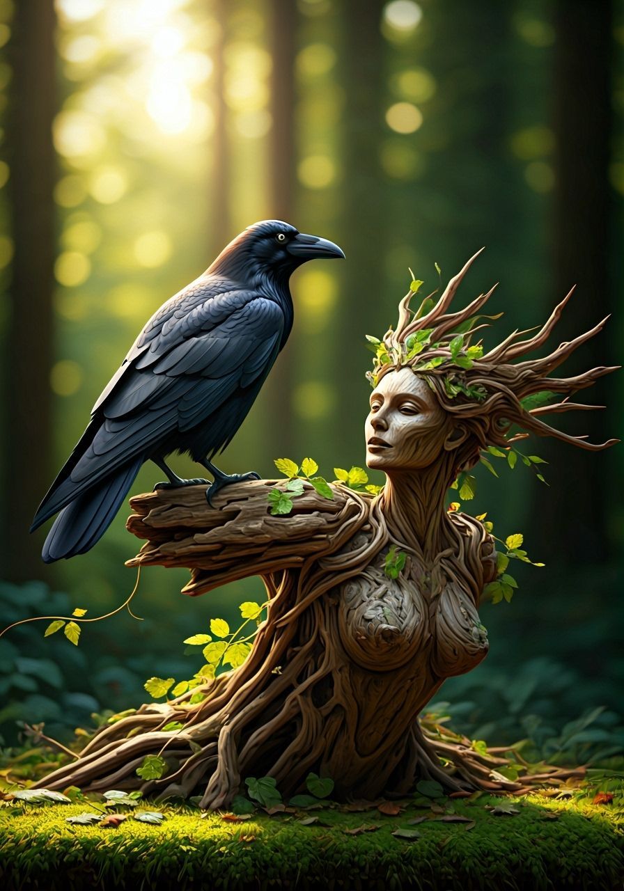 Albino Raven on Dryad Sculpture in Enchanted Forest