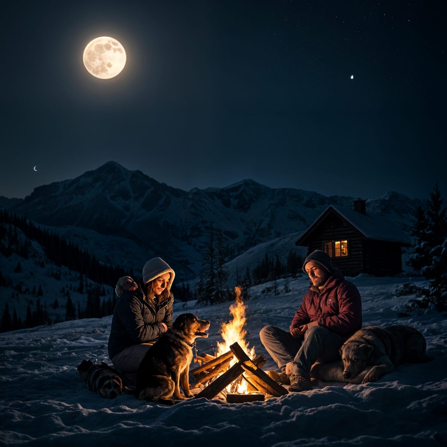 Mountain Cabin Campfire Under Full Moon