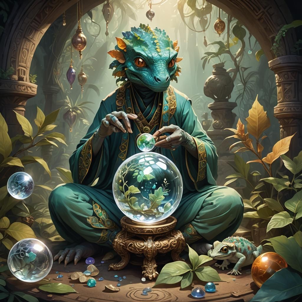 Mystical Geckos in Crystal Ball, Salvador Dali Inspired