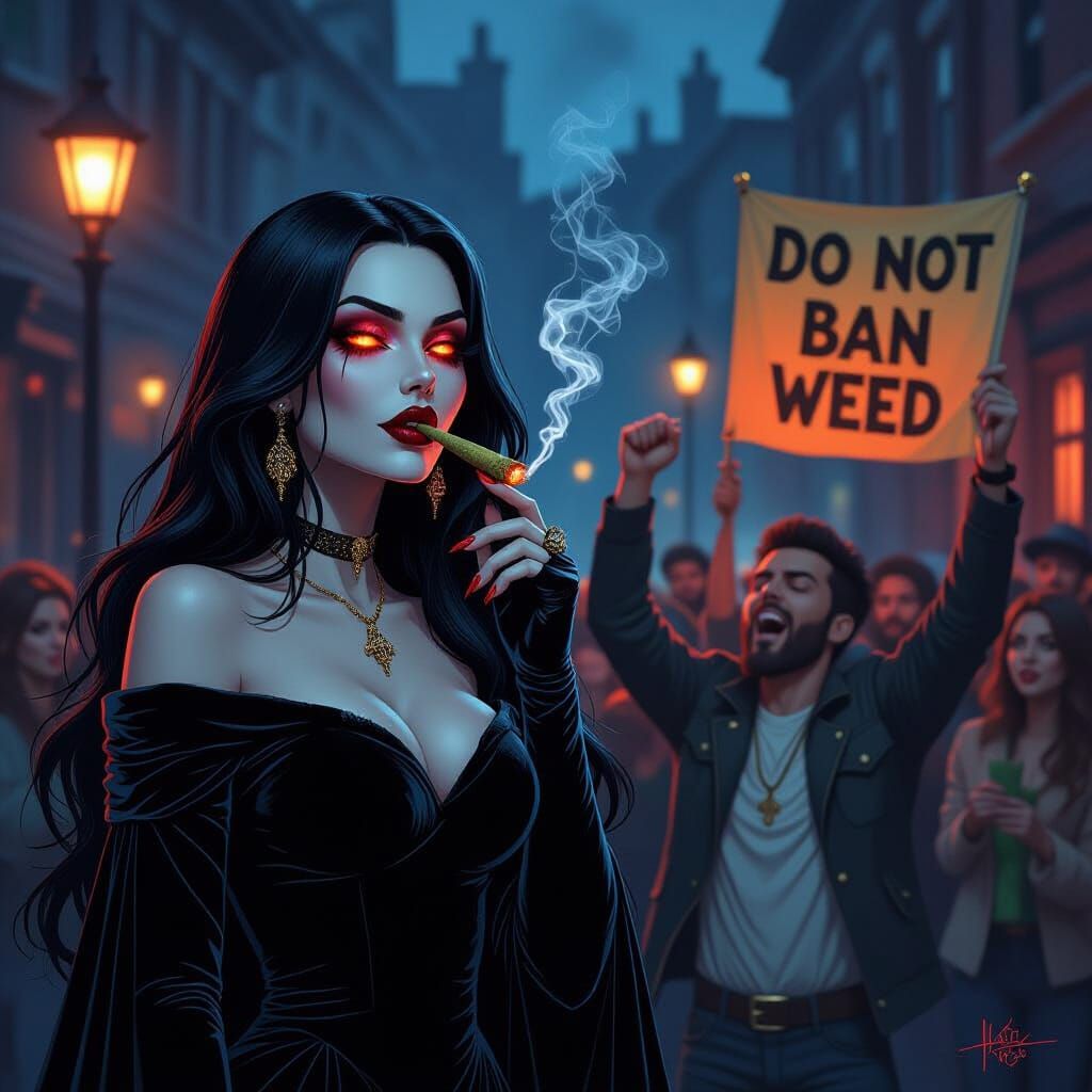 Seductive Vampire & Weed Activist in Gothic Street Scene
