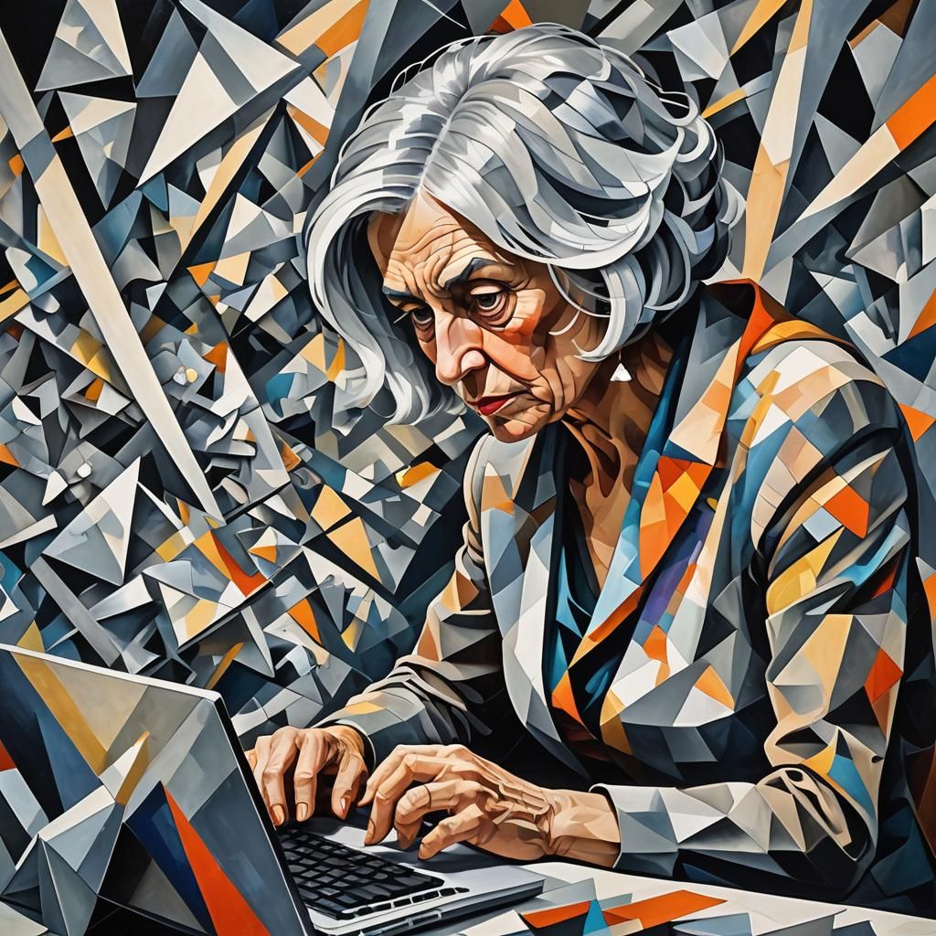 Abstract Cubist Portrait of a Woman at Computer
