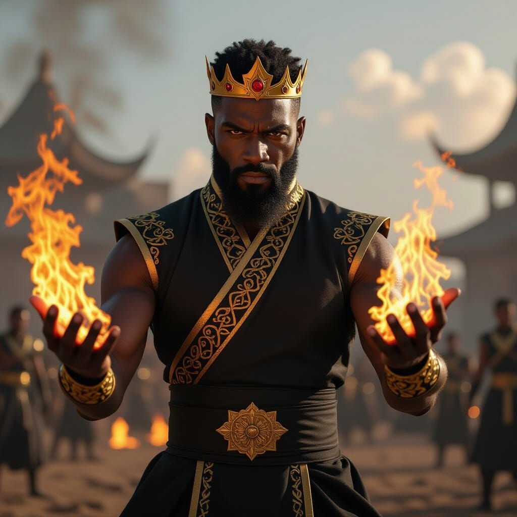 Dark Skinned Man Firebends on Battlefield in Fantasy Art