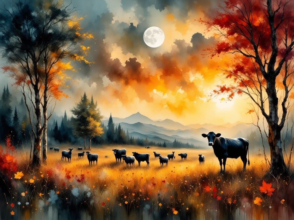 Moonlit Pasture in Vibrant Watercolor and Oil