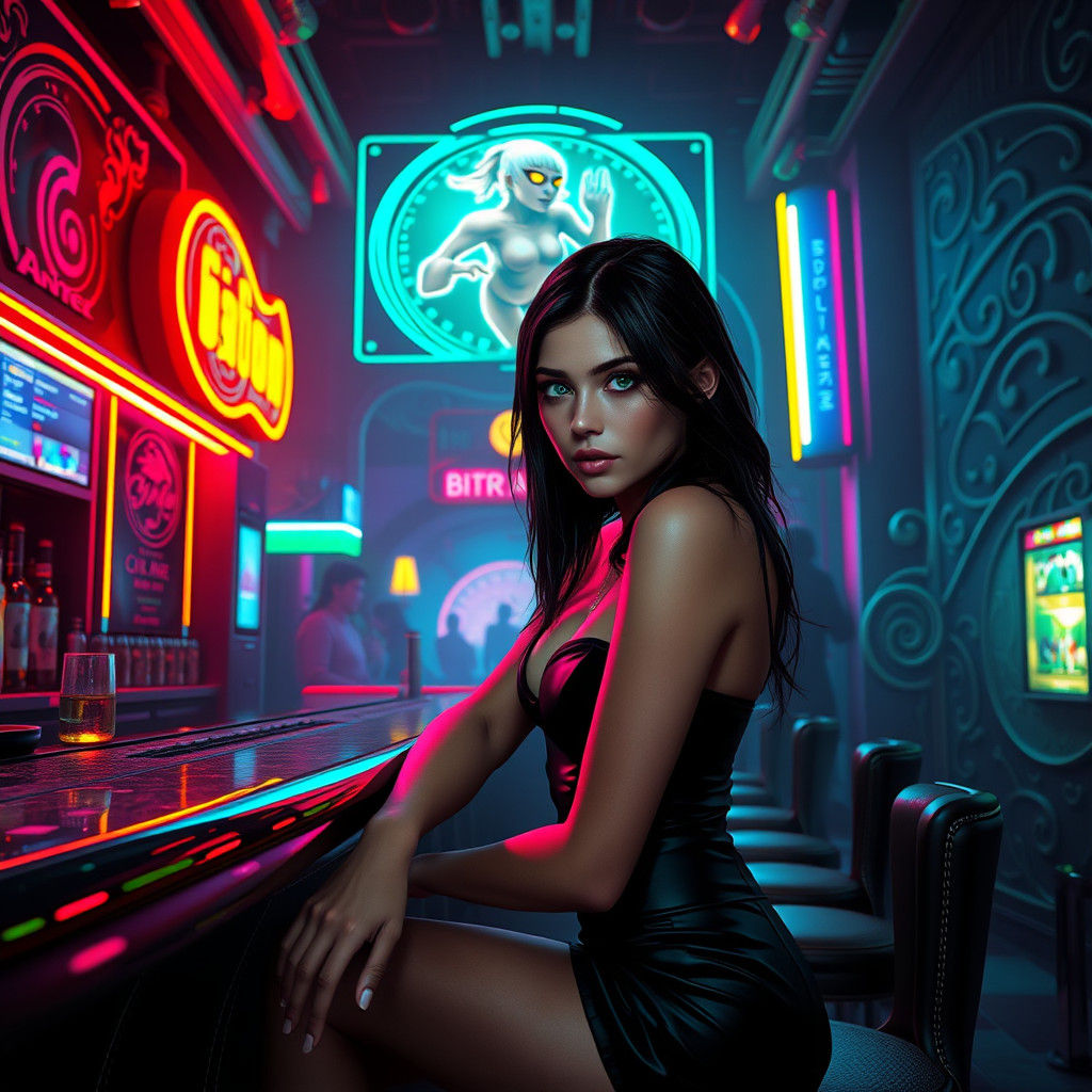 Green Eyed Woman in Cyberpunk Bar, Digital Art