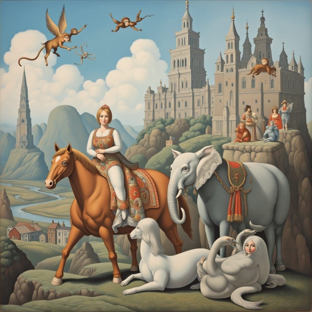 Whimsical Island Scene with Animals and Castles