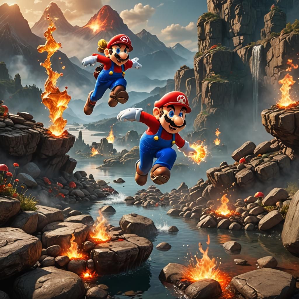Female Super Mario Leaping Over Lava Rocks