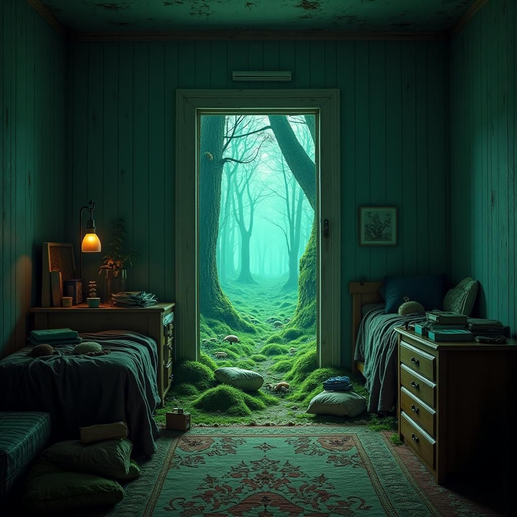 Magical Portal Opens in Dimly Lit Bedroom