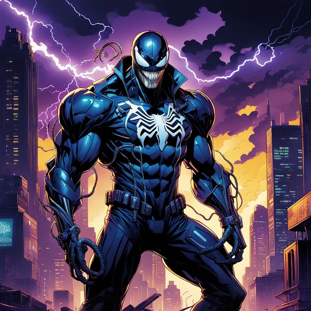 Futuristic Venom in Steampunk City, Comic Book Style