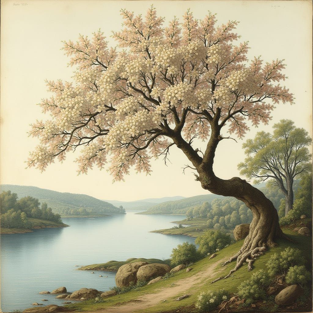 Flowering Tree Beside River in 16th Century Botanical Style