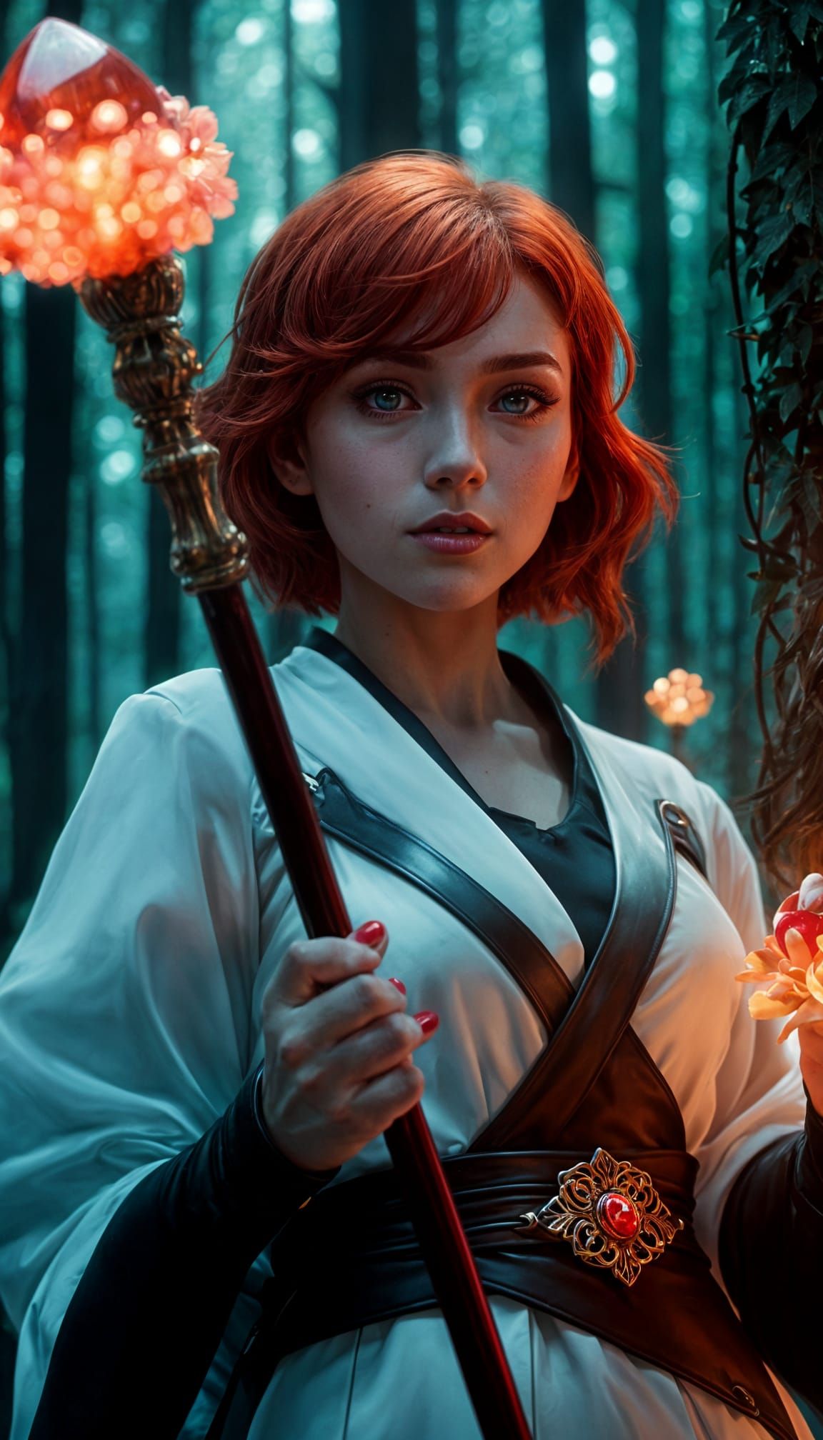 Anime Woman with Red Hair in Bioluminescent Forest