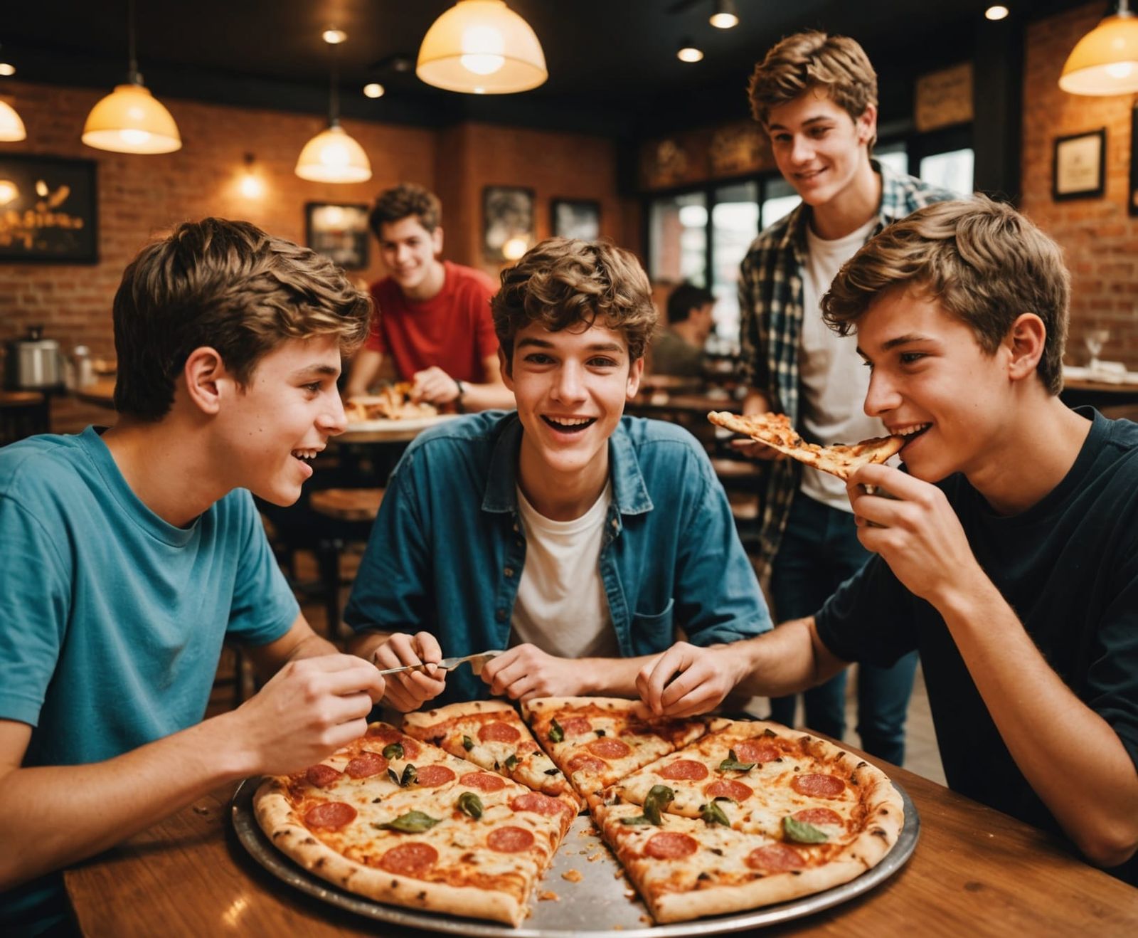 Teenage Boys Eating Pizza at a Pizzeria