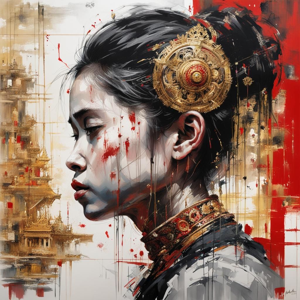 Emotional Thai Girl in Mirror, Intricate Gold Details