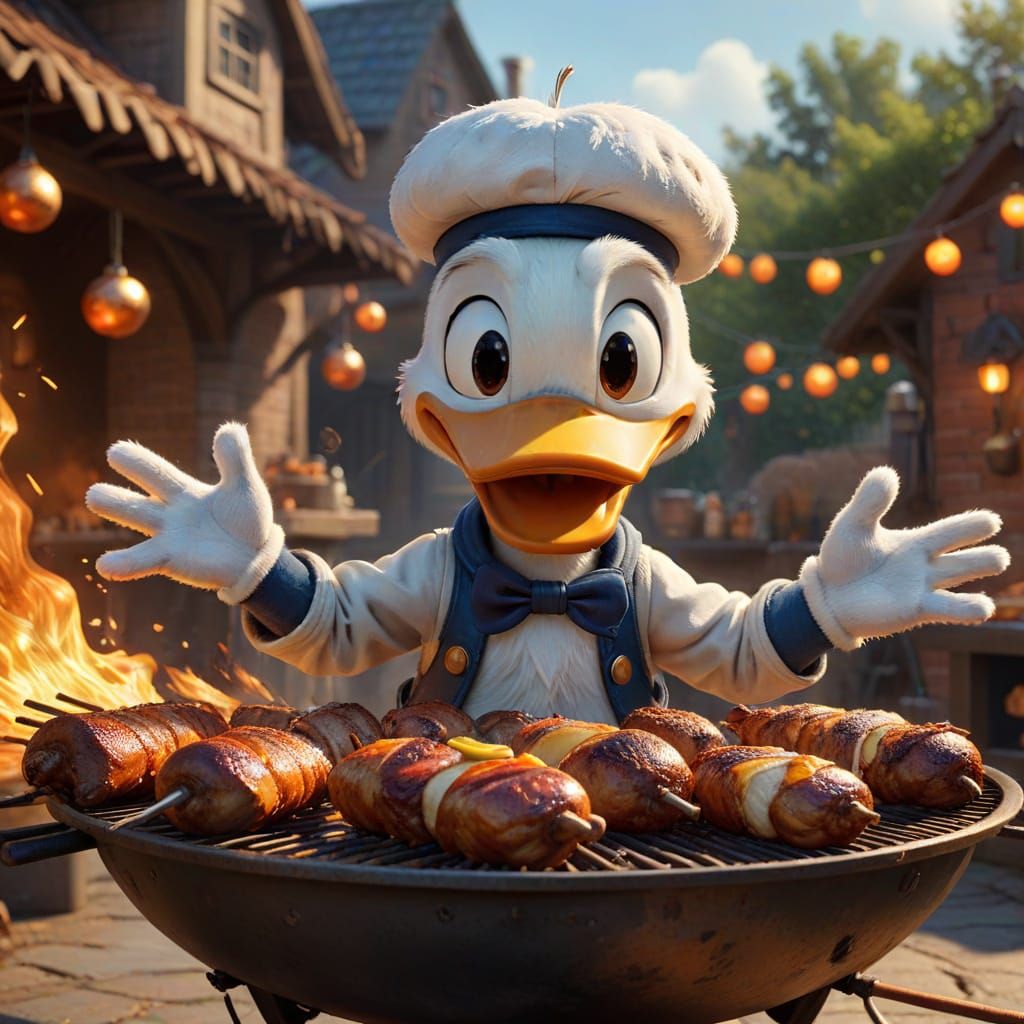 Donald Duck Trapped on a BBQ Rotisserie in Vibrant, Hyper-Re...