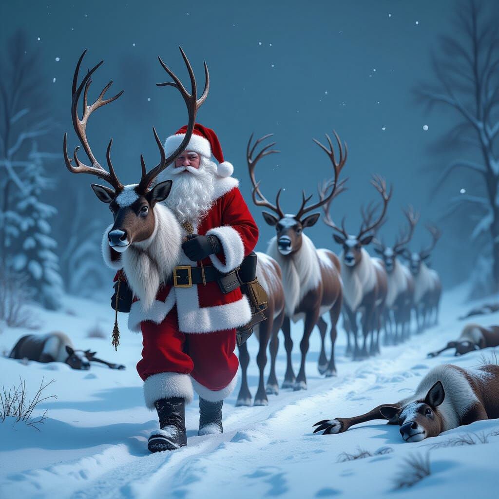 Somber Santa Leads Lifeless Reindeer Through Desolate Landsc...