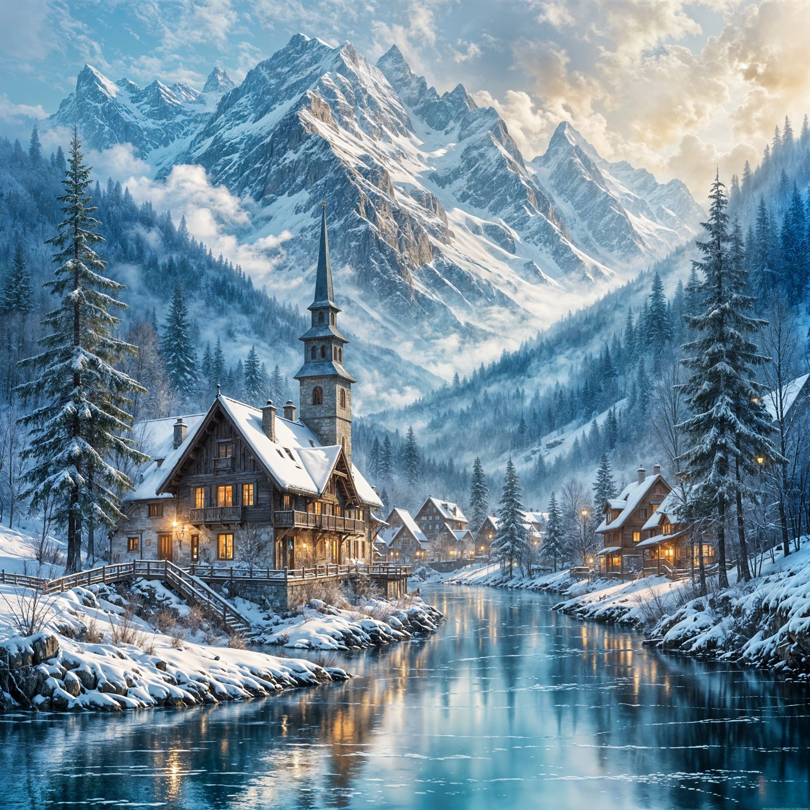 Swiss Alps Village in Winter Light