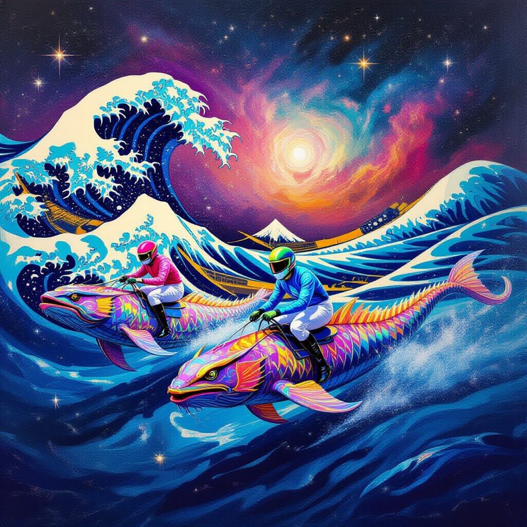 Alien Jockeys Race Sea Dragons Across Starry Galaxy