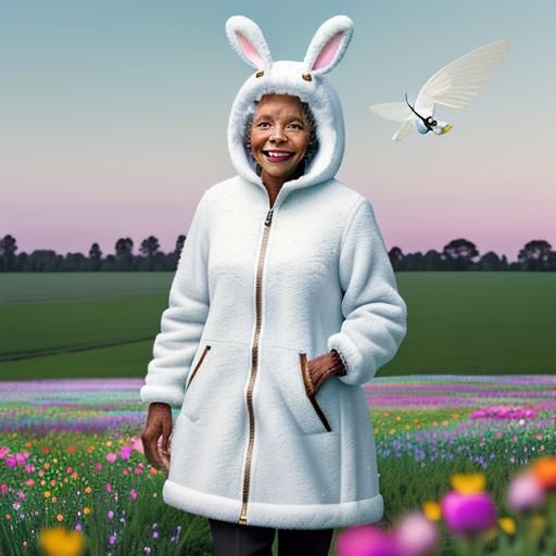 Elderly Woman in Rabbit Costume Among Colorful Flowers