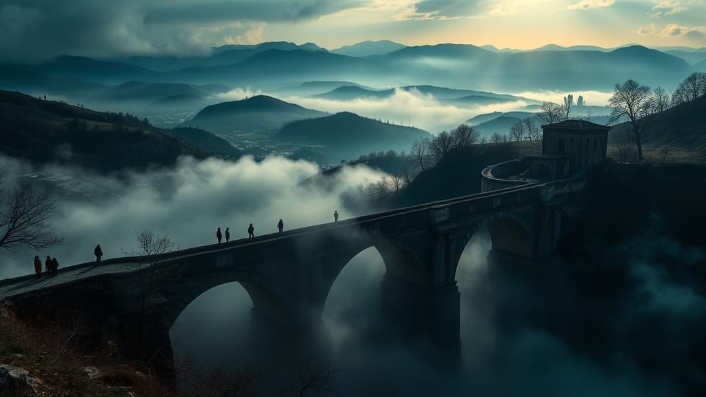 Mysterious Albino Landscape with Ancient Stone Bridge and Et...