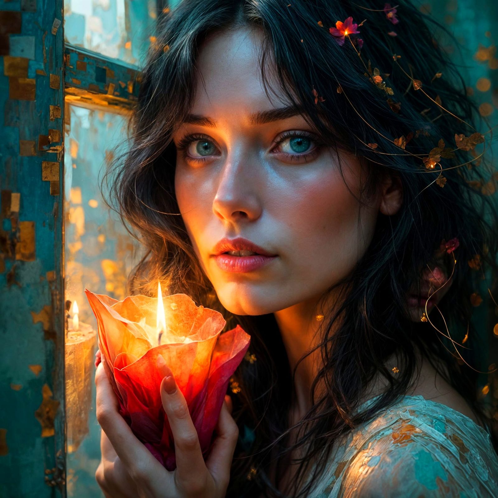 Ethereal Portrait of Woman with Blue-Green Eyes