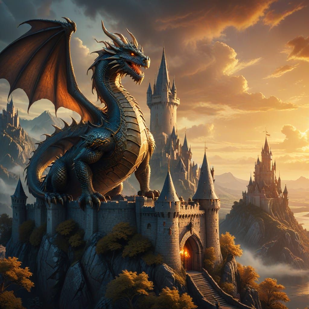 Majestic Dragon on Castle in Fantasy Landscape