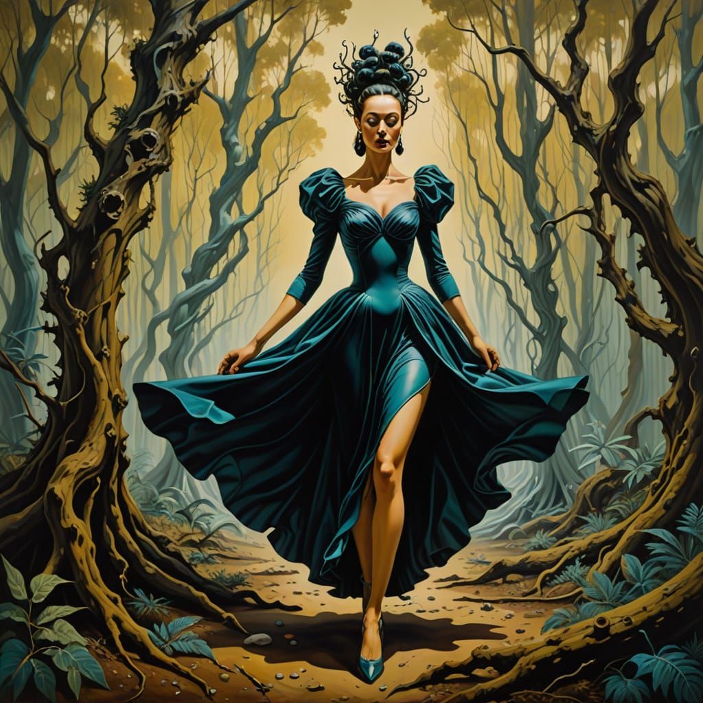 Surreal Dancer in Fantastical Forest, Oil on Canvas