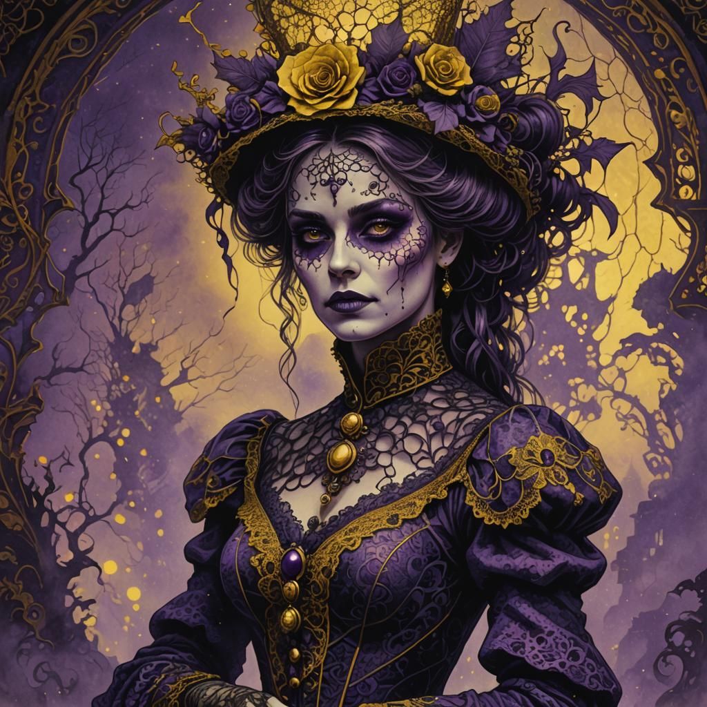 Macabre Victorian Woman in Pointillism Style